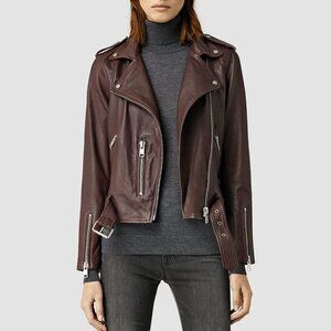 All Saints Balfern Leather Jacket, deep berry / burgundy, size US 2 / EU 34